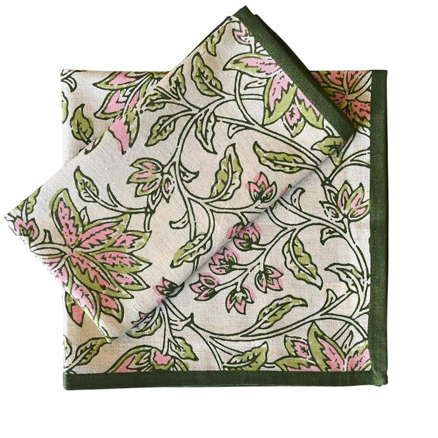 FINGERCRAFT Cloth Napkin Set of 12 Cotton Linen Blend Mitered Corner Printed Table Napkins Washable and Reusable Dinner Cloth 20x20In Summer Block Pink