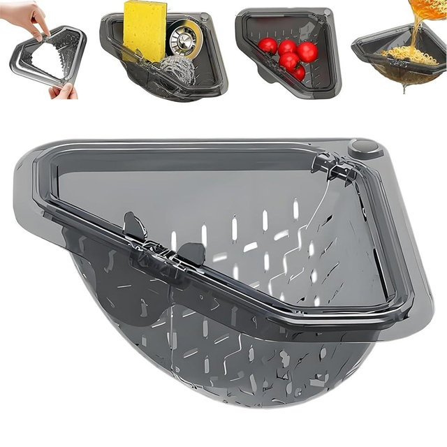 Magnetic Triangle Sink Strainer, Magnetic Corner Sink Strainer Basket with Twist-Open Bottom for Food Scraps, Corner Sink Strainer for Kitchen Sink, No-Drill Adhesive Mount (1PC)