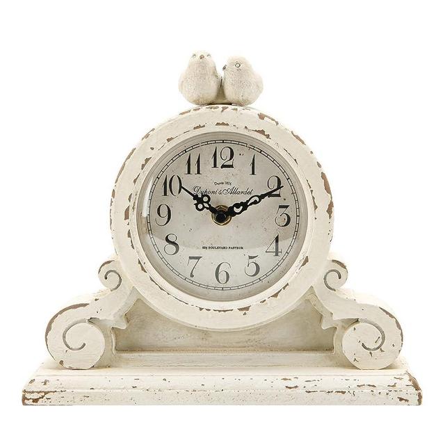NIKKY HOME Vintage Mantel Table Clock with 2 Birds, Silent Non-Ticking Battery Operated Desk Shelf Rustic Wooden Clock for Living Room Decor - Distressed White