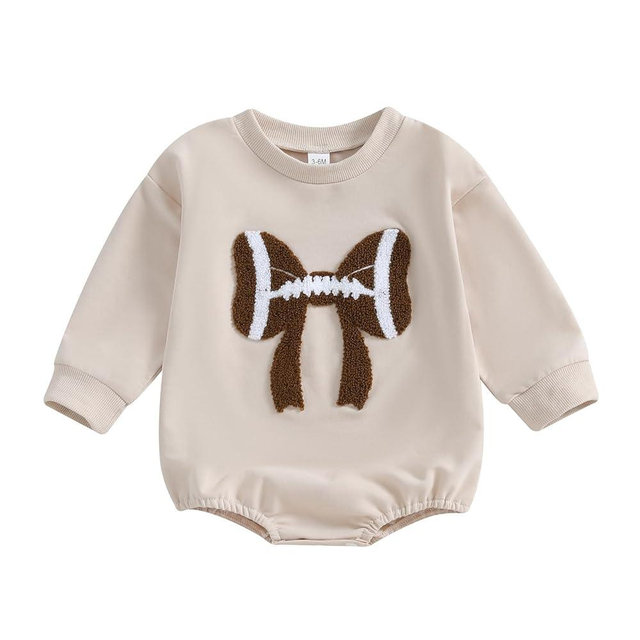 Karuedoo Newborn Baby Boy Girl Football Outfit Football Bow Sweatshirt Romper Oversized Long Sleeve Bubble Romper Bodysuit