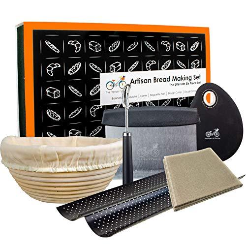 Bread Baking Kit Gift Set | 9" Banneton Bread Proofing Basket | 2 Baguette Baking Pan | Bread Lame | 100% Flax Linen Couche Made in France | Dough Scraper | Dough Cutter