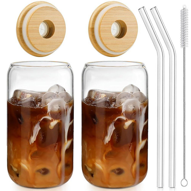 Glass Cups with Lids and Straws 2 pcs, 16 oz Beer Drinking Glasses, Reusable Iced Coffee Cups with Lids,Glass Tumbler with Straw and Lid,Cute Glass Coffee Cups for Coffee, Juice, Gifts