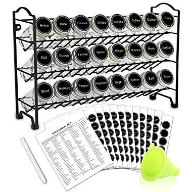 SWOMMOLY Spice Rack with 24 Empty Round Spice Jars, 396 Spice Labels with Chalk Marker and Funnel Complete Set, for Countertop, Cabinet or Wall Mount
