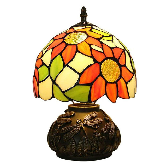 Sunflowers Tiffany Lamp 3-Way Stained Glass Style Bedside Reading Table Lamp Retro Bedroom Nightstand Light 12inch Office Home Decor Retro Unique Accent Light