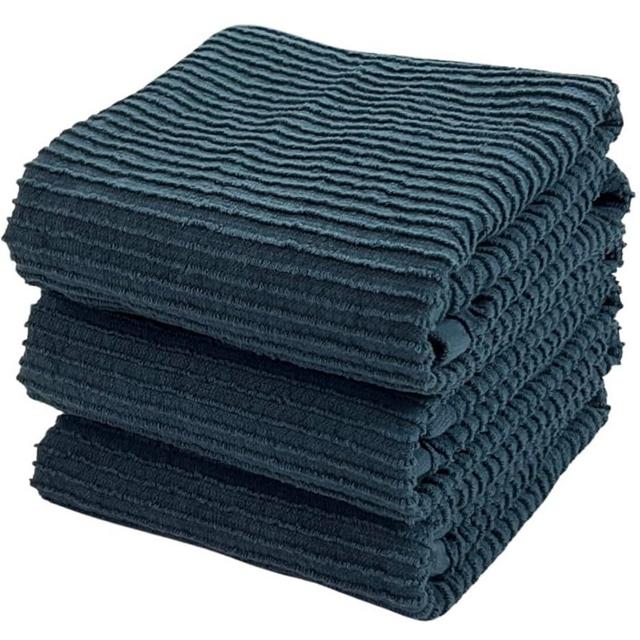 Ribbed Teal Blue Kitchen Dish Towels 100% Cotton Cloth Soft Cleaning Drying Absorbent Terry Ribbed Loop: Set of 3 Multipurpose for Everyday Use