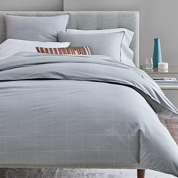 Organic Washed Cotton Windowpane Duvet Cover, Full/Queen, Platinum/White