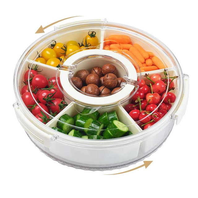 Rotating Divided Serving Tray with Lid and Handle,6 Compartments Snackle Box Container,12" Large Snack Spinner Lazy Susan,Fruit Veggie Tray Portable Round Snack Box Candy Fridge Organizer Platterbox