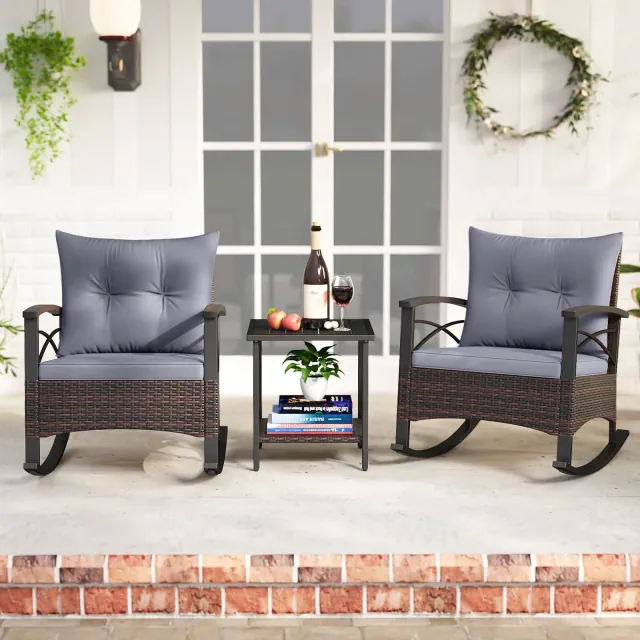 Costway 3 PCS Rattan Rocking Chair Set with Acacia Wood Tabletop Armrests for Porch Balcony Mix Brown + Gray
