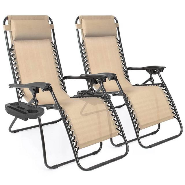 Best Choice Products Set of 2 Adjustable Steel Mesh Zero Gravity Lounge Chair Recliners w/Pillows and Cup Holder Trays - Sand