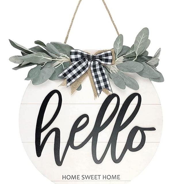 16 Inches Welcome Hello Door Sign for Front Door Farmhouse Decor Round Wooden 3D Hello Sign Wreath Rustic Door Hanger Home Decoration