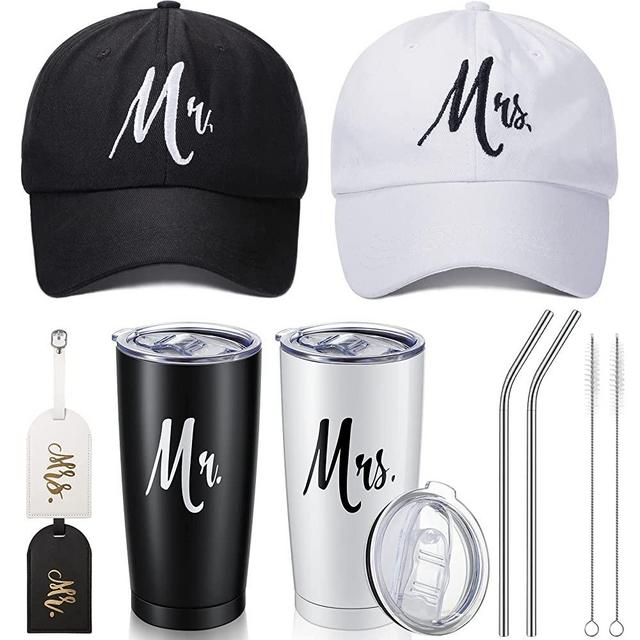 6 Pcs Mr and Mrs Hats Tumbler Sets, Include Mr and Mrs Tumbler, Mr and Mrs Hats, Mr. Mrs. Luggage Tags, Bride Groom Gifts