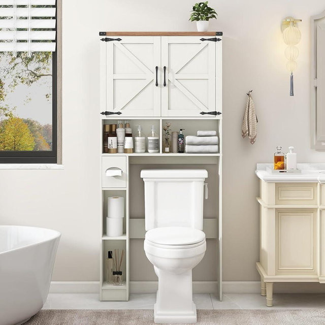 Over The Toilet Storage Cabinet, Farmhouse Storage Cabinet Over Toilet with 2 Barn Doors && Toilet Paper Holder Stand，Home Space-Saving Toilet Rack, for Laundry, Restroom, Bathroom