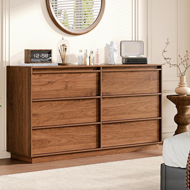 Ieejdn 55.12" Modern Chest of Drawer, 6 Deep Drawers,Clothes Organizer,Large Storage Cabinet for Living Room, Bedroom,Dresser TV Stand, Wood Drawer Organizer for Living Room, Hallway, Brown