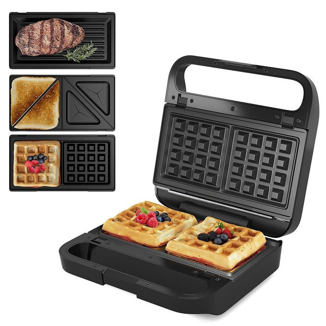 Sunvivi 3 in 1 Sandwich Maker, Electric Waffle Maker with Removable Non-stick Plates, 850W Panini Press Grill with Glass Top, Cool Touch Handle & Easy to Clean, Black