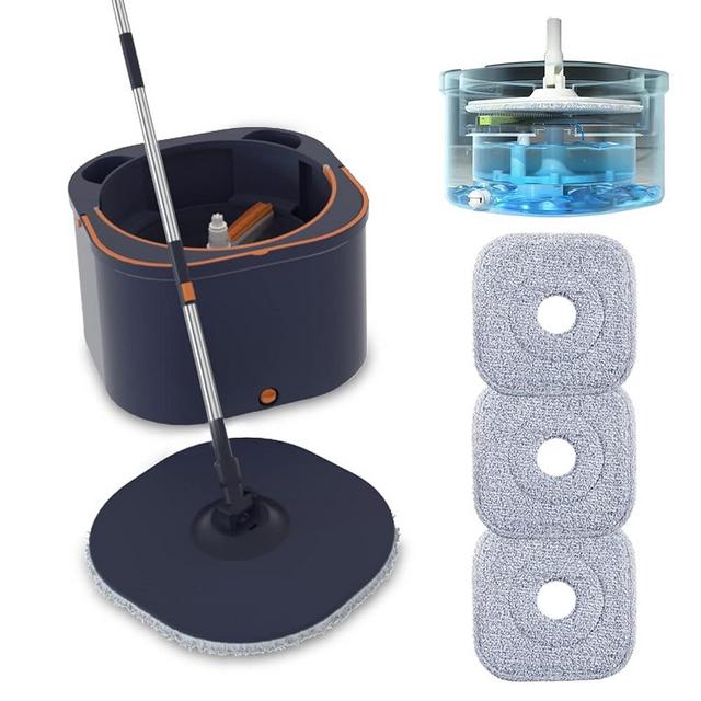 Flat Floor Mop and Bucket System Set with Wringer, Self Wringing Microfiber Spin Mops Bucket for Hardwood, Laminate, Tile, Floor Cleaning, Separate Dirty Water, Wet and Dry Use, Navy Blue