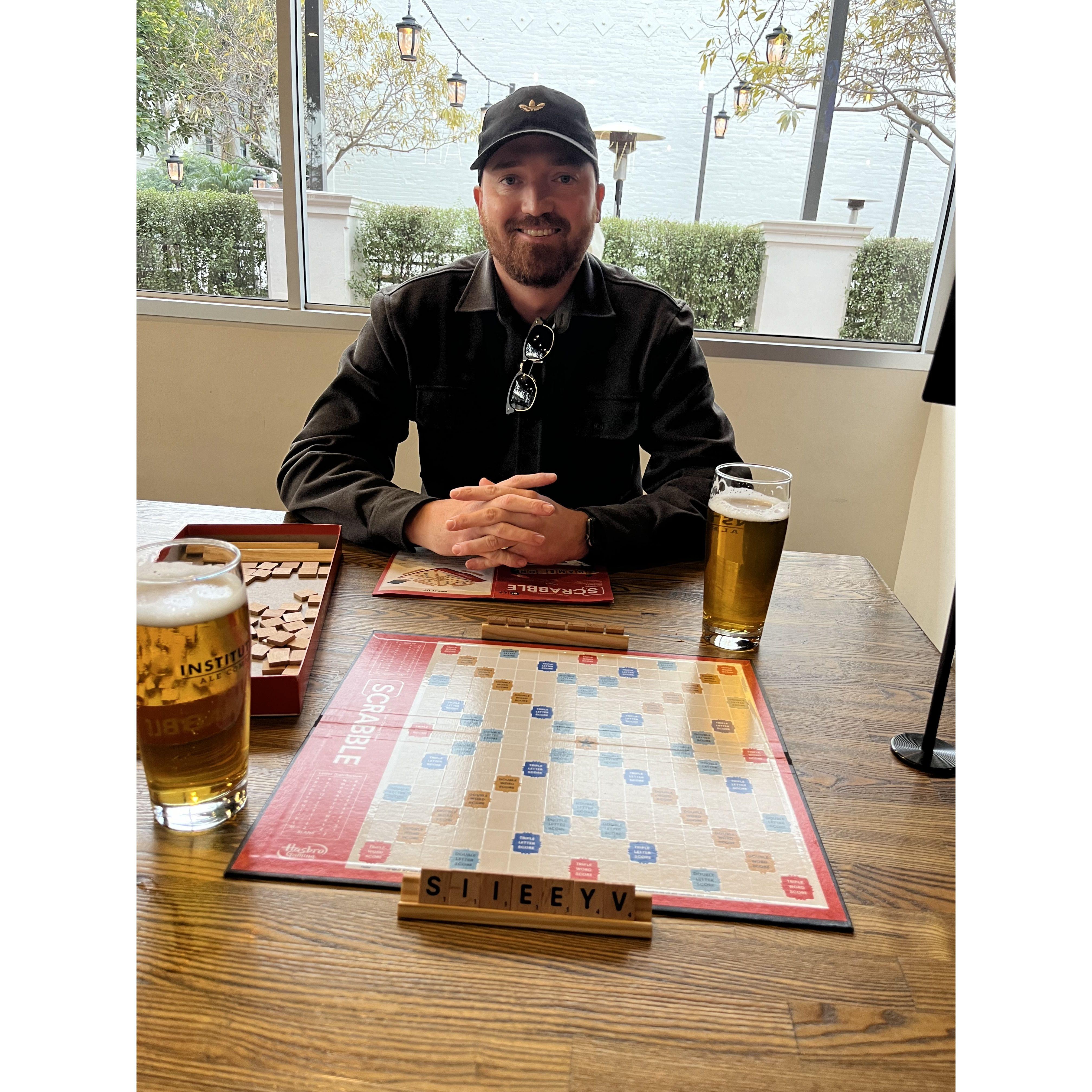 We love a date night that includes taking the bikes downtown to a local brewery for beers, pizza, & scrabble!