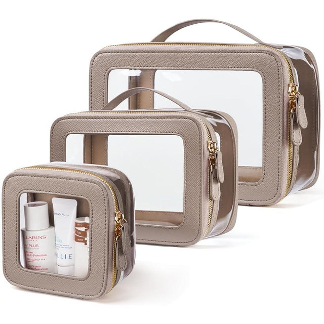 Oaque Clear Cosmetic Bag Set for Women Makeup Bag with Handle, 3 Pcs Travel Toiletry Bag Transparent Cosmetic Case Portable Make Up Organizer Bag for Essentials (Stone, Mini+S+L)
