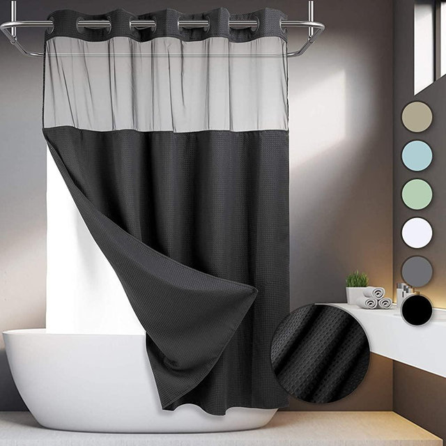No Hooks Required Waffle Weave Shower Curtain with Snap in Liner - 71W x 74H,Hotel Grade,Spa Like Bath Curtain，Black