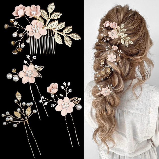 4 PCS Bridal Flower Wedding Hair Pins Crystal Pearl Hair Clips Flower Headpiece Gold Wedding Hair Accessories Jewelry with Rhinestone for Brides Bridesmaids Women Girls Updo