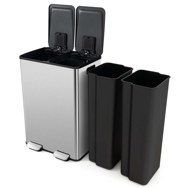 Costway 16 Gallon Dual Step Trash Can Recycle Bin Stainless Steel Bucket Pedal Silver