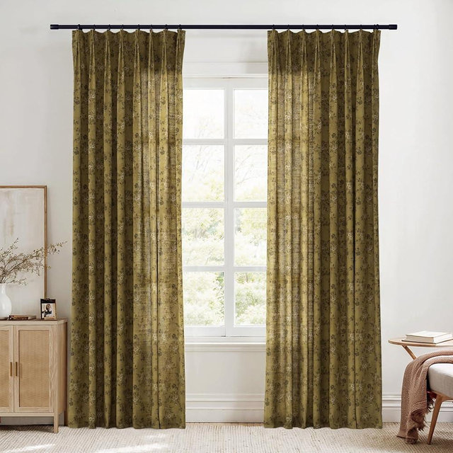 TWOPAGES Pinch Pleat Floral Curtain 96 Inch Long Light Filtering Privacy Drape Linen Textured Printed Curtain for Kitchen Bathroom (Copper, 26W x 96L Inches, 1 Panel)