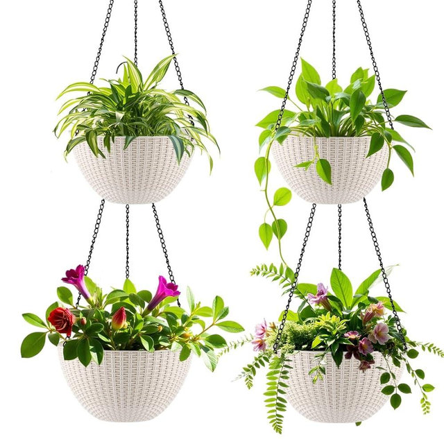RooTrimmer Hanging Planters for Indoor Outdoor Plants 8/10 Inch, ​4 Packs Plant Hanger with Drainage Holes, Hanging Basket Flower Pot Perfect for Home, Office and Garden,White