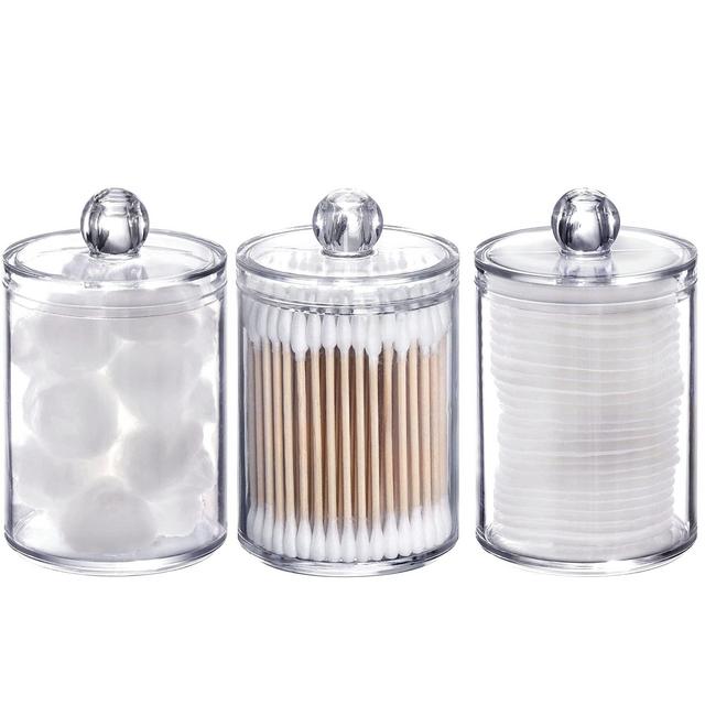 Tbestmax 3 Pack Plastic Cotton Swab Ball Pad Holder, 10 Oz Qtip Apothecary Jar Clear Bathroom Container Organizer Dispenser