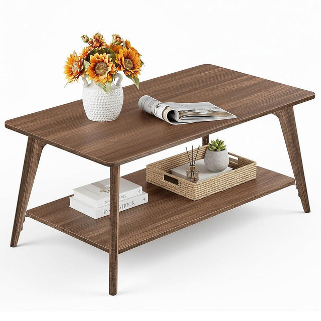 VASAGLE MAEZO Collection - Coffee Table, 2-Tier Center Table with Storage, Tapered Legs, Curved Transitions, 21.7 x 39.4 x 17.7 Inches, Easy to Assemble, for Living Room, Chestnut Brown ULCT249KX01S