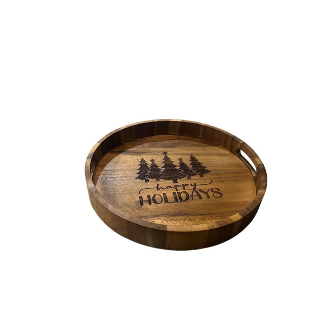 Round Serving Tray with Happy Holidays Engraving