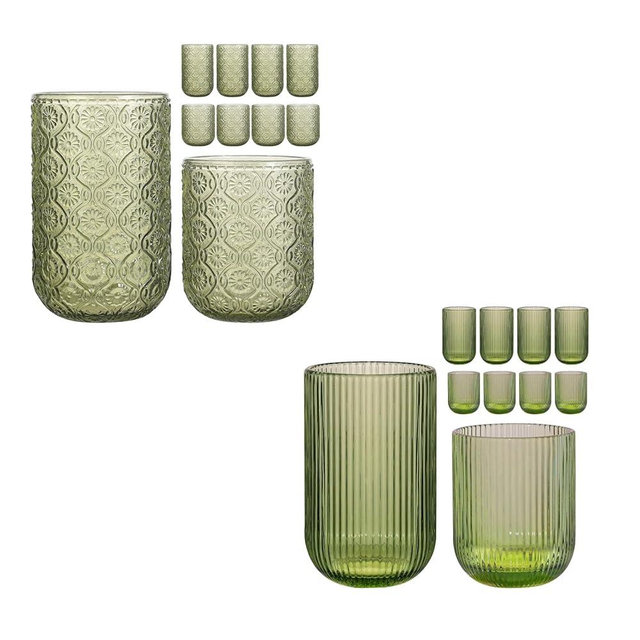 WeirdUncle Set of 16 vintage Glassware,8 Highball Glasses 14oz & 8 Rocks Drinking Glasses 9oz, Green, ribbed & textured
