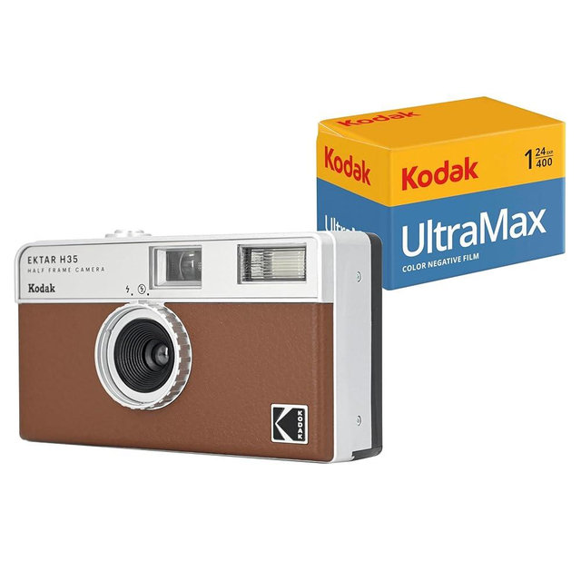 KODAK EKTAR H35 Half Frame Film Camera (Brown) Bundle with Kodak Ultramax 400/24EXP 35mm Roll Film