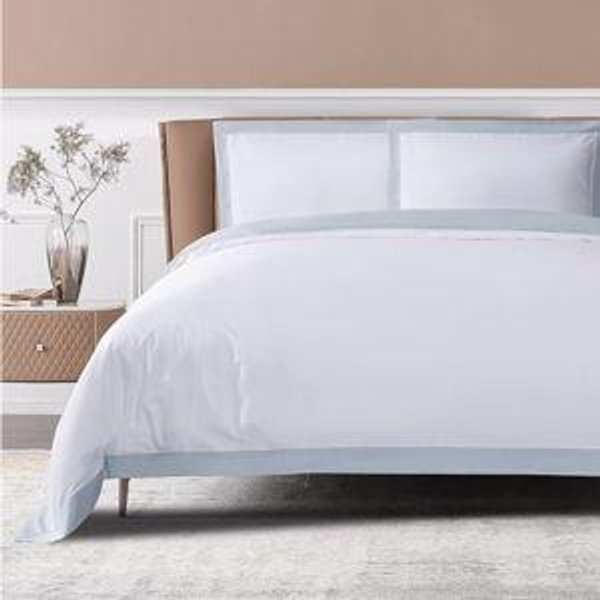 THE COTTON & SILK®️ 100% Luxury Long-Staple Cotton Duvet Cover Set - Soft & Breathable - Include 1 Duvet Cover (Corner Ties & Hidden Zipper), 2 Pillow Shams - White + Misty Blue, King/California King