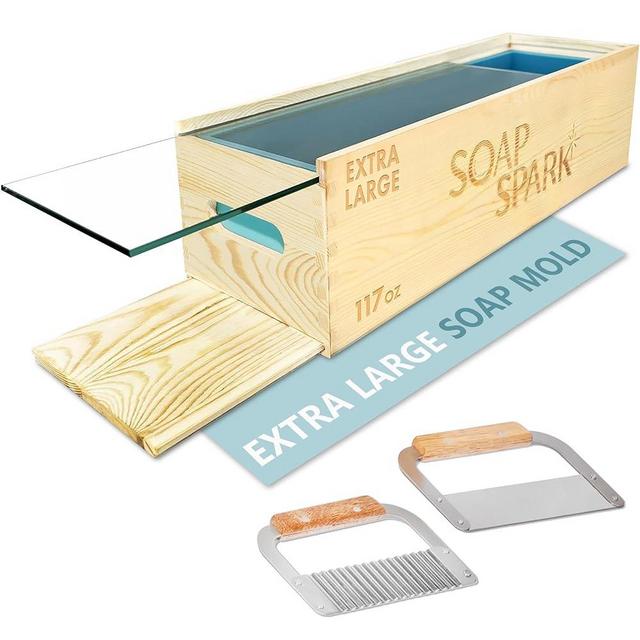 Extra Large Soap Making Kit for Adults 117 oz — Flexible Silicone Soap Molds for Soap Making, Wooden Rectangle Soap Mold, Thick Glass Lid & Durable Stainless Steel Cutters