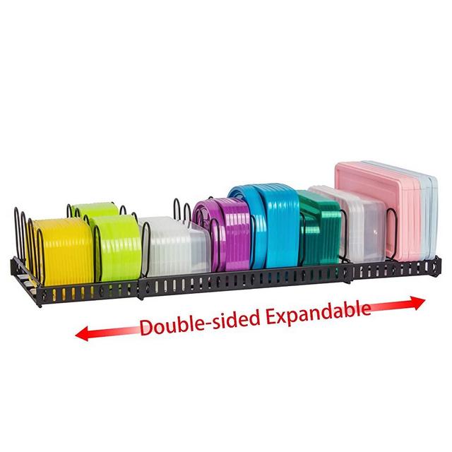 Double-side Expandable Food Container Lid Organizer,Super Large Capacity Adjustable 12 Dividers Detachable Lid Organizer Rack for Countertop,Cabinets, Cupboards, Pantry Shelves, Drawers(Black)