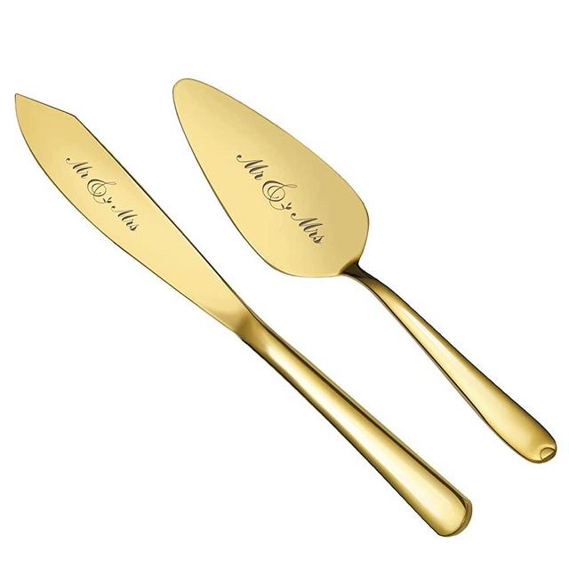 AW BRIDAL Gold Cake Cutting Set for Wedding, Mr Mrs Wedding Cake Knife Cake Pie Pastry Servers for Wedding, Birthday, Parties and Events
