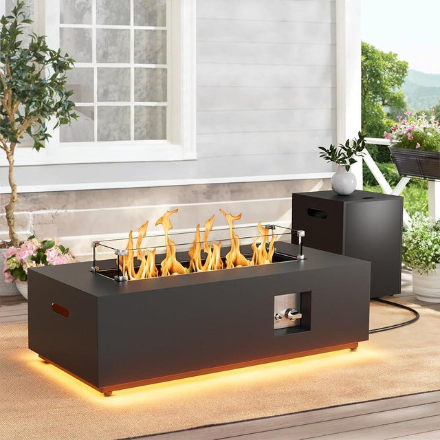 Dineli 2-Piece Outdoor Propane Fire Pit Table Set w Tank Table 42'' Rectangular Firepit Gas Fire Pits for Outside Patio Table Fire Pit, 50,000 BTU (Black, with Warmlight)