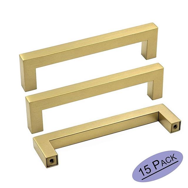 goldenwarm 5 Inch Gold Drawer Pulls Brushed Brass Handles 15Pack - LSJ12GD128 Kitchen Cabinet Handles Square Bar Pulls Cupboard Bathroom Door Knobs Gold Dresser Hardware for Drawers