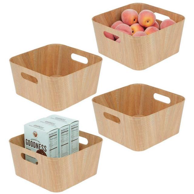 mDesign Food Storage Container Bin with Handles - for Kitchen, Pantry, Cabinet, Fridge/Freezer - Narrow for Snacks, Produce, Vegetables, Pasta - Food Safe - 4 Pack - 12" Long - Natural Wood Print