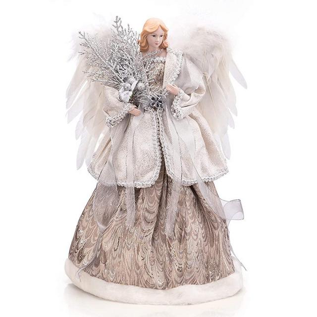 ARCCI Christmas Angel Tree Topper with White Wings - 16 Inch Brown & Silver Xmas Angel Treetop Ornament Decoration