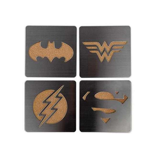 DC Comics Superhero Logo 4-Piece Coaster Set | Batman, Superman, Wonder Woman & The Flash Laser-Cut Justice League Logos - Sturdy, Unique Cork & Ceramic Design - Great Gift Idea