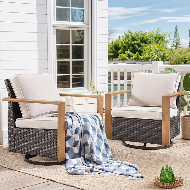 HUMMUH Outdoor Swivel Rocker Patio Chairs Set of 2-All Weather Wicker Swivel Rocking Chairs Outdoor Chairs for Deck Porch Poolside Balcony-Brown/Beige