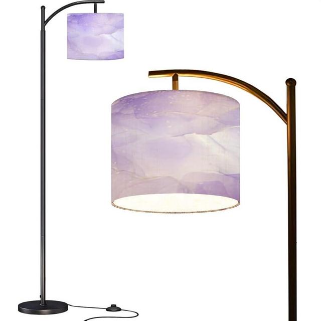 Arc Floor Lamp Violet lavender liquid watercolor marble golden lines Pastel purple Modern Tall Standing Lamp Dimmable with Remote Adjustable Drum Shade Footswitch for Living Room Bedroom Office