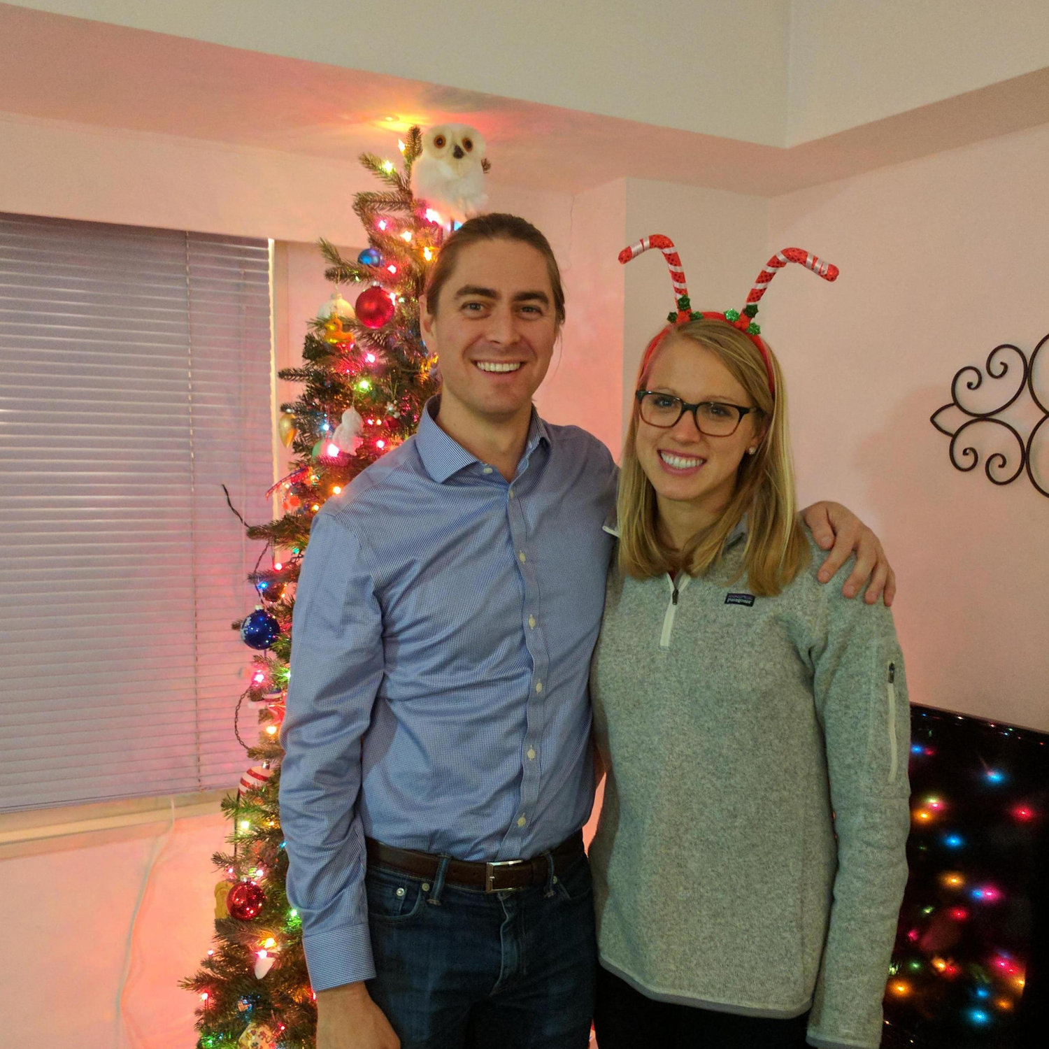 Christmas time in Emily's studio apartment in Glover Park, 2016. Gerald the owl's first Christmas with us!