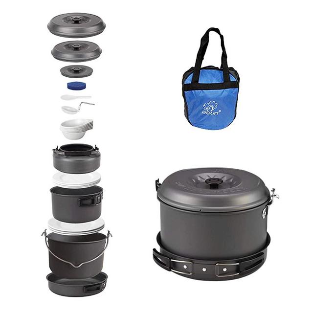 Bulin 27/13/11/8/3 PCS Camping Cookware Mess Kit, Nonstick Lightweight Backpacking Cooking Set, Outdoor Cook Gear for Family Hiking, Picnic(Kettle, Pot, Frying Pan, BPA-Free Bowls, Plates, Spoon)