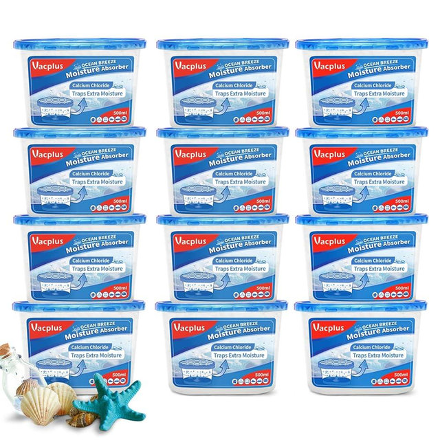 Vacplus Moisture Absorbers 12 Pack, 10.5 Oz, Humidity Absorber Boxes Attracts Extra Moisture from Your Bathroom, Closet, Kitchen, Dehumidifier for Closet (Ocean Scent), Light blue