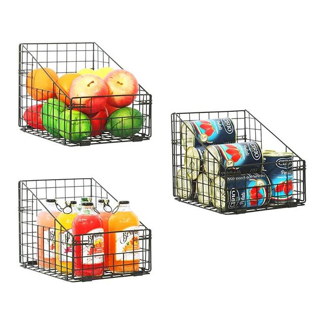 Foldable Cabinet Pantry Baskets Metal Wire Basket Organizer with Handles - Snack Potato Onion Storage Shelf Mesh Bins for Kitchen Countertop Bathroom Laundry Closet Garage Organization - 3 Pack