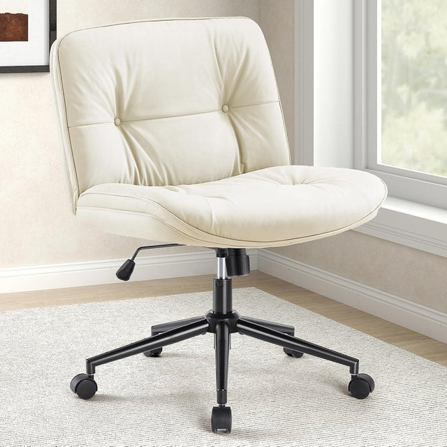 DUMOS Criss Cross Chair with Wheels, Legged Office Armless Wide Seat, Adjustable Swivel Leather Task Vanity Home Office Desk Seating for Bedroom Dorm Student