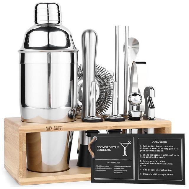Mixology Bartender Kit with Stand - 15 Piece Bar Tool Set, Silver Bar Set Cocktail Shaker Set for Drink Mixing - Includes Martini Shaker, Jigger, Strainer, Bar Mixer Spoon, Tongs | Gift Idea (Natural)