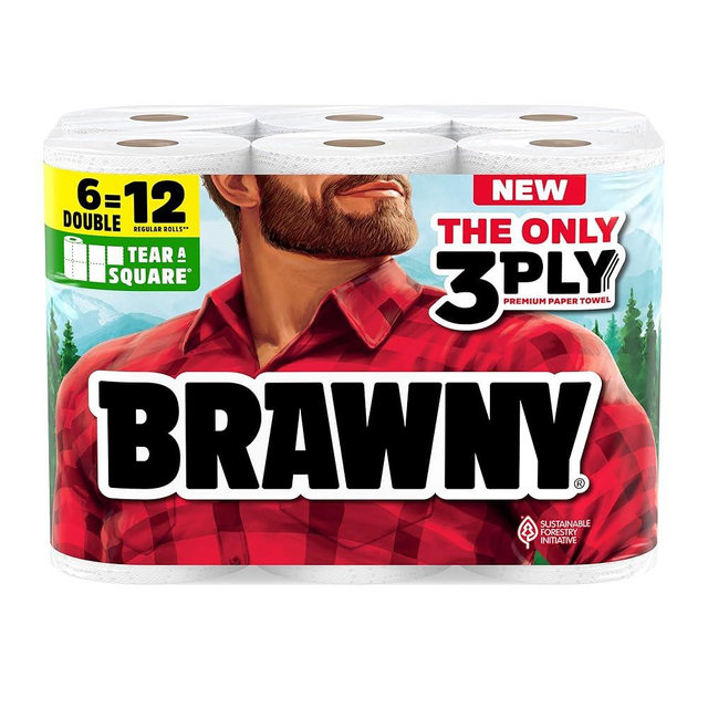 Brawny Tear-A-Square 3-Ply Paper Towels, 6 Double Rolls = 12 Regular Rolls (3 Packs of 2)