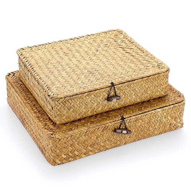 Hipiwe Set of 2 Flat Woven Wicker Storage Bins with Lid Natural Seagrass Basket Boxes Multipurpose Home Organizer Bins Boxes for Shelf Organizer, Caramel